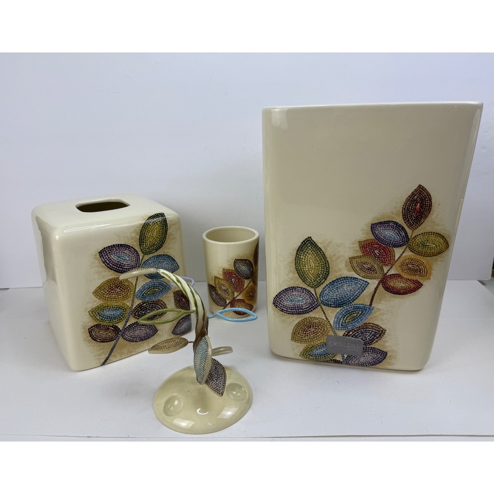 VTG Croscill Mosaic Leaves Ceramic Bathroom Accessory Set 4 Piece Cream Multi